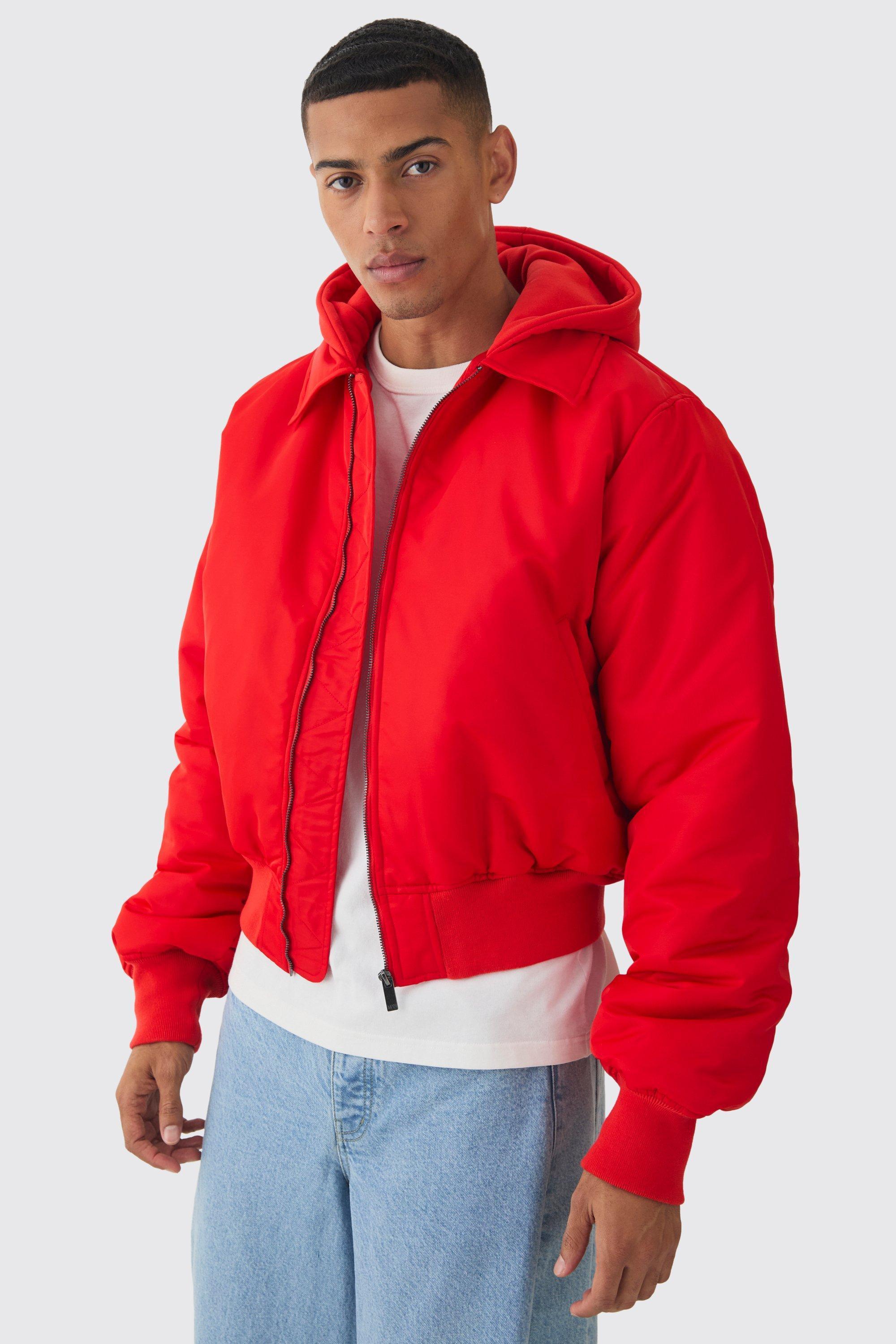 Collared Nylon Boxy Bomber With Jersey Hood In Red | boohooMAN USA Product Image