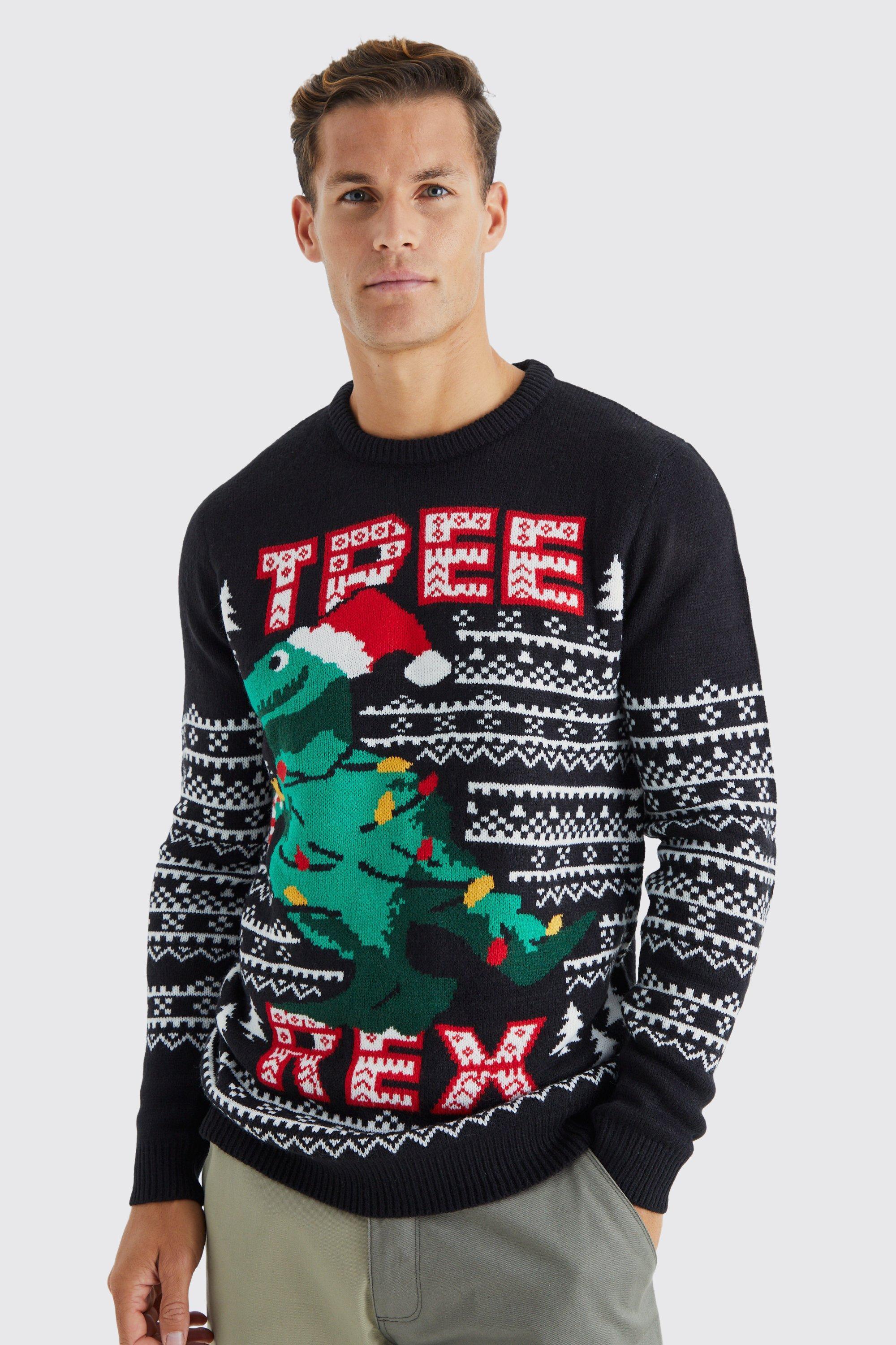 Mens Black Tall Tree Rex Christmas Jumper, Black Product Image