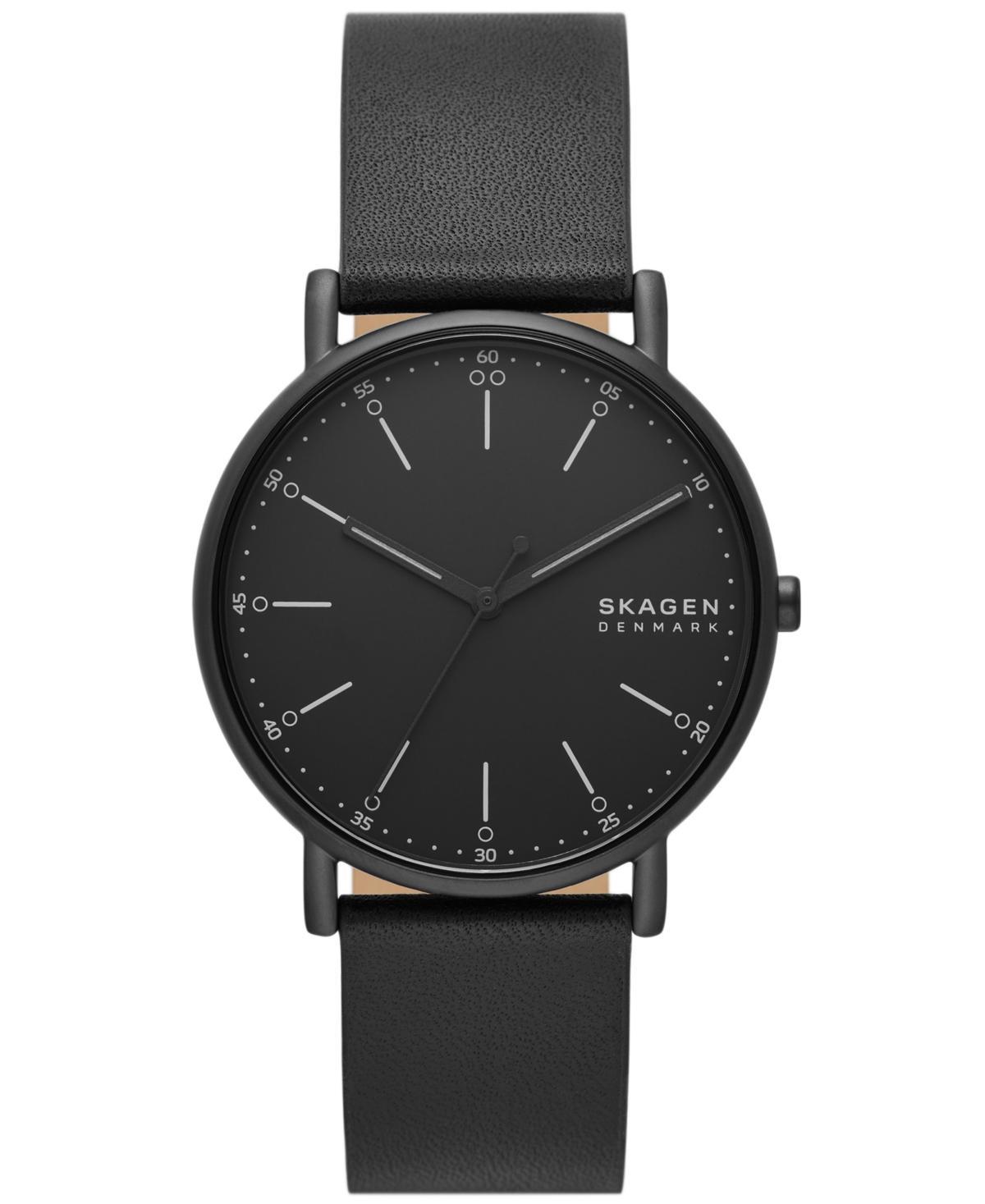 Skagen Mens Signatur Three Hand Black Leather Watch 40mm - Black Product Image