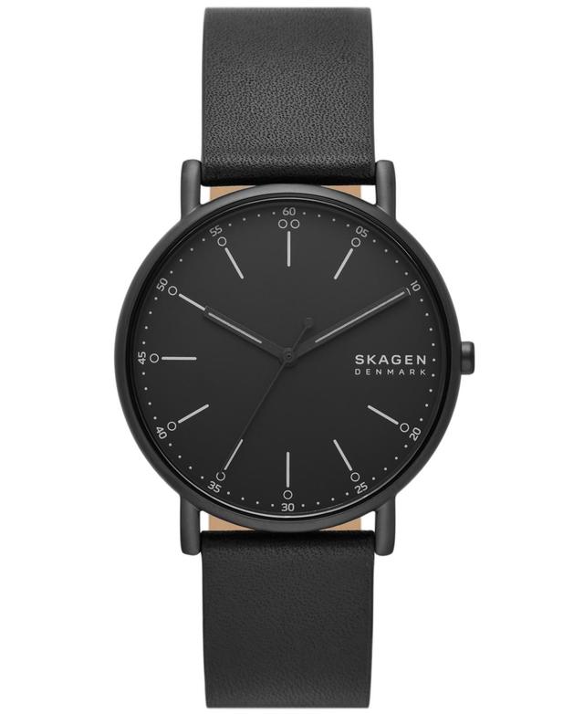 Skagen Mens Signatur Three Hand Black Leather Watch 40mm - Black Product Image