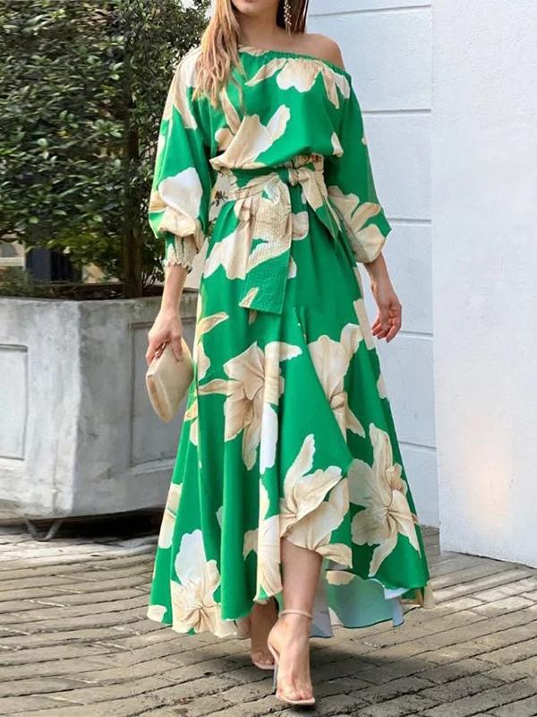 High-Low Long Sleeves Elasticity Flower Print Split-Joint Tied Waist Round-Neck Maxi Dresses Product Image