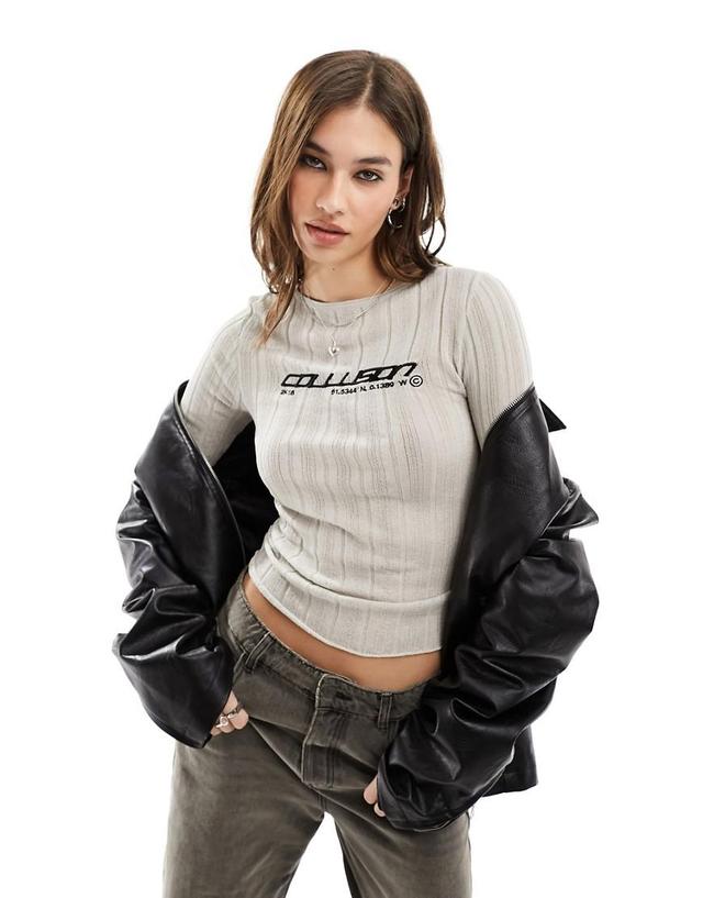 COLLUSION embroidered branded sheer ribbed sweater Product Image