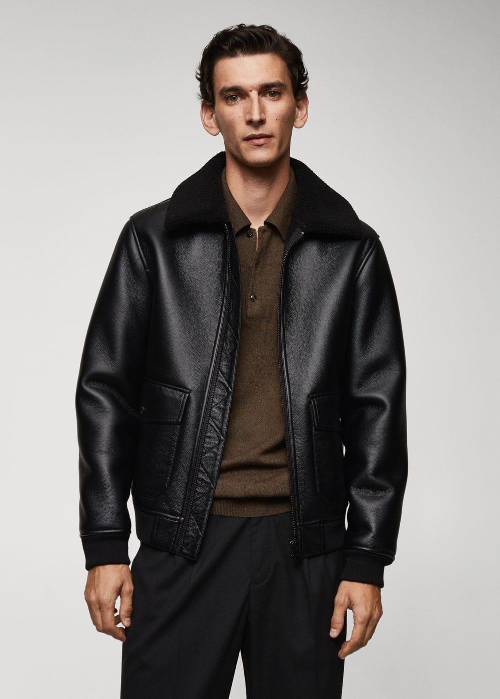 MANGO MAN - Shearling-lined leather-effect jacket blackMen Product Image