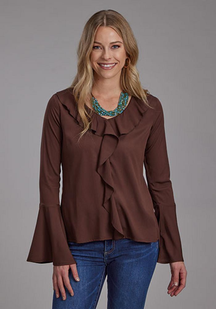 Roper® Ladies' L/S Brown Crepe Ruffle Blouse Product Image