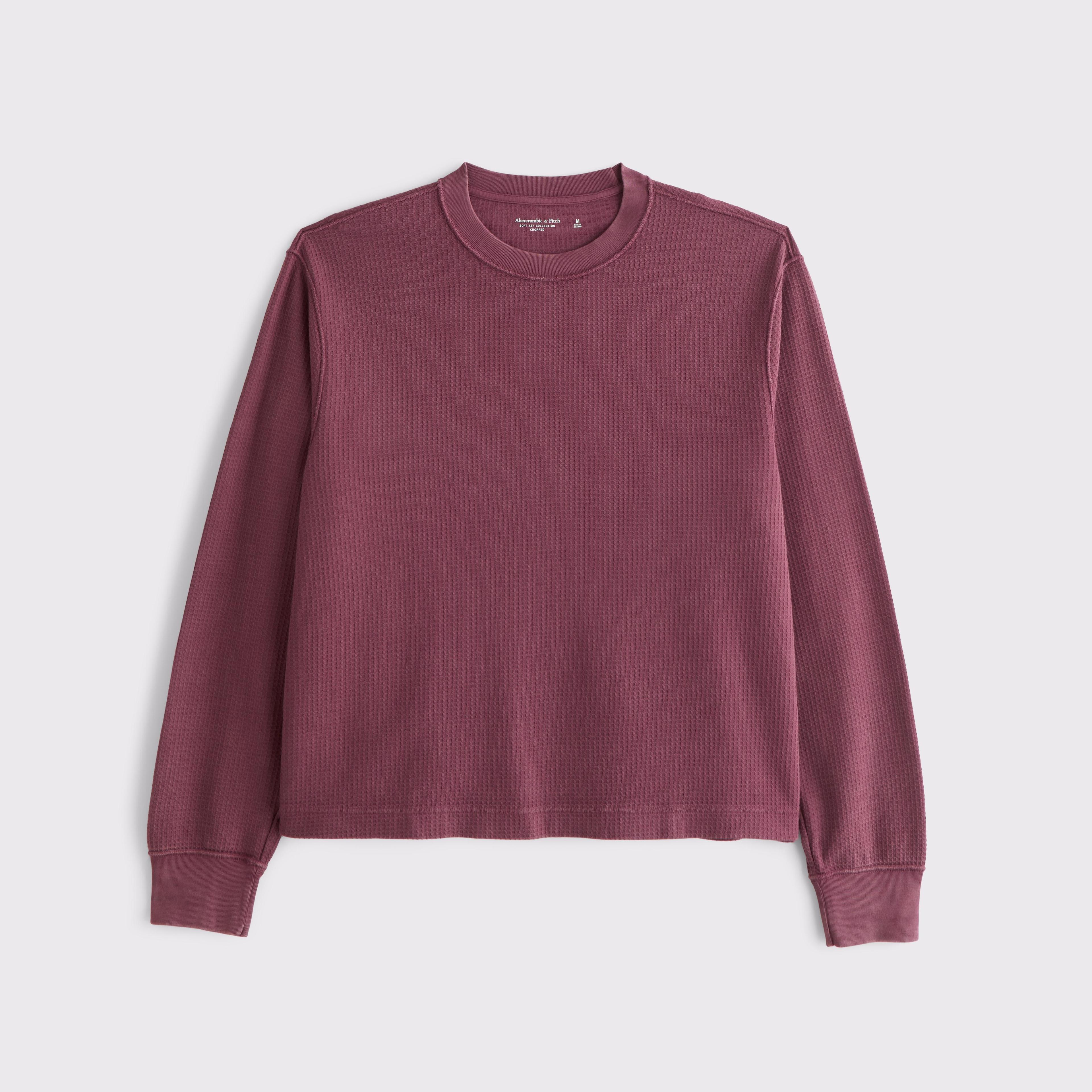 Long-Sleeve Grid Waffle Cropped Tee Product Image