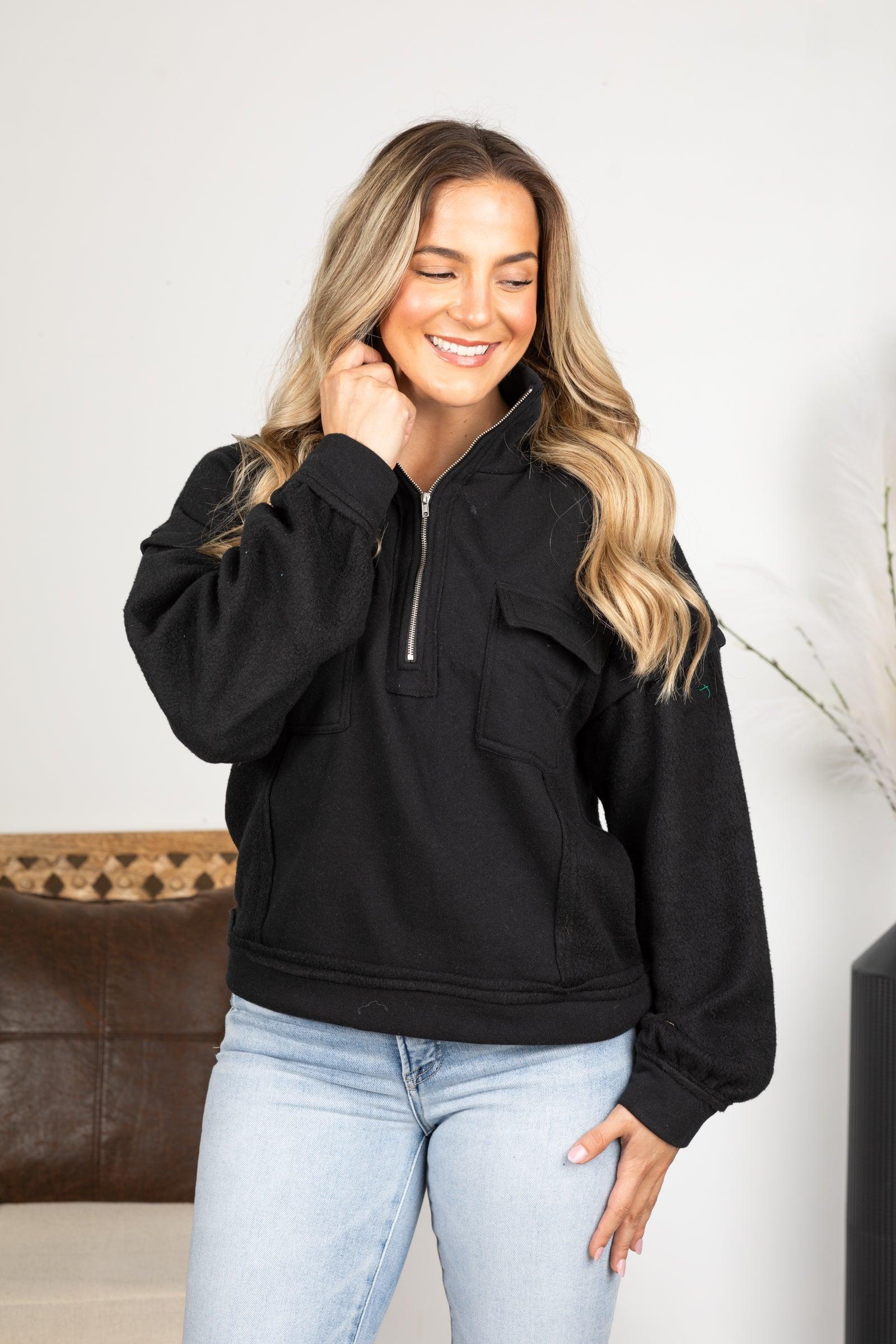 Black Mock Neck Quarter Zip Sweatshirt Product Image