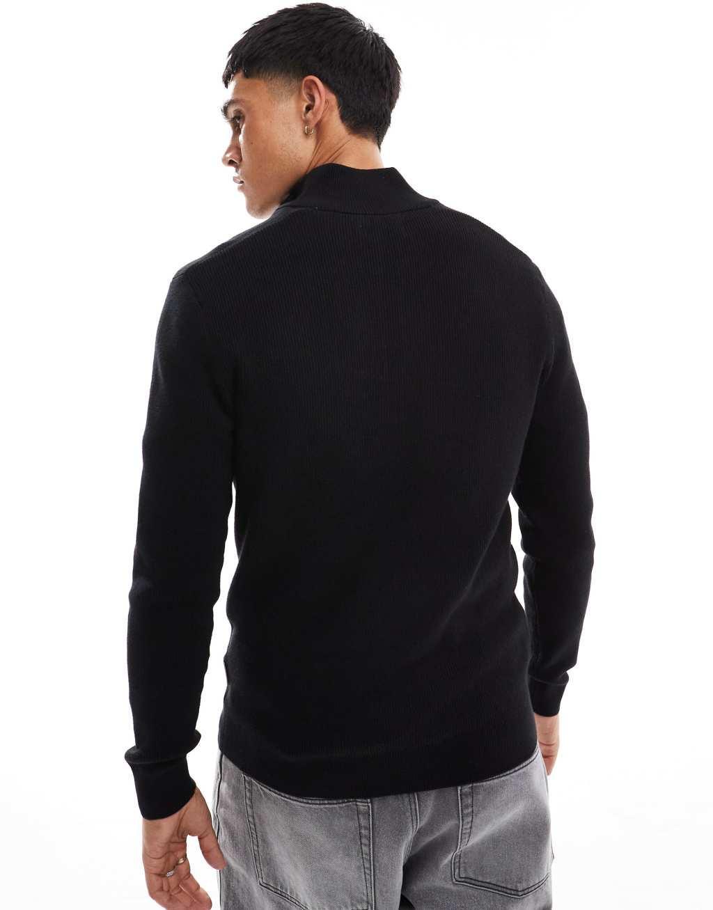 ONLY & SONS ribbed half zip sweater in black Product Image