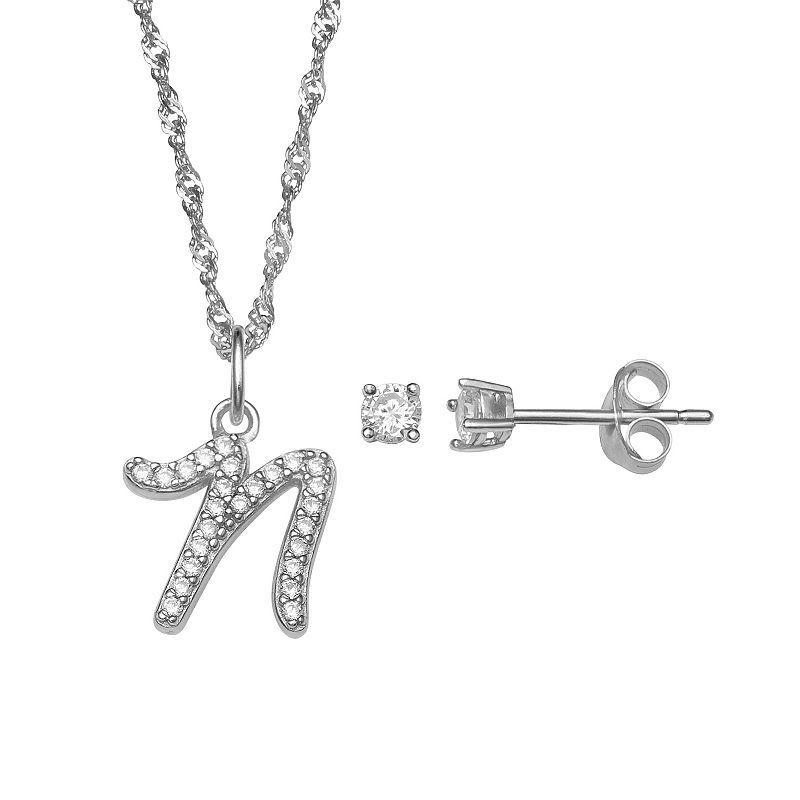 LC Lauren Conrad Sterling Silver Cubic Zirconia Stud Earrings & Initial Pendant Necklace Set, Womens Sterling Silver P Product Image