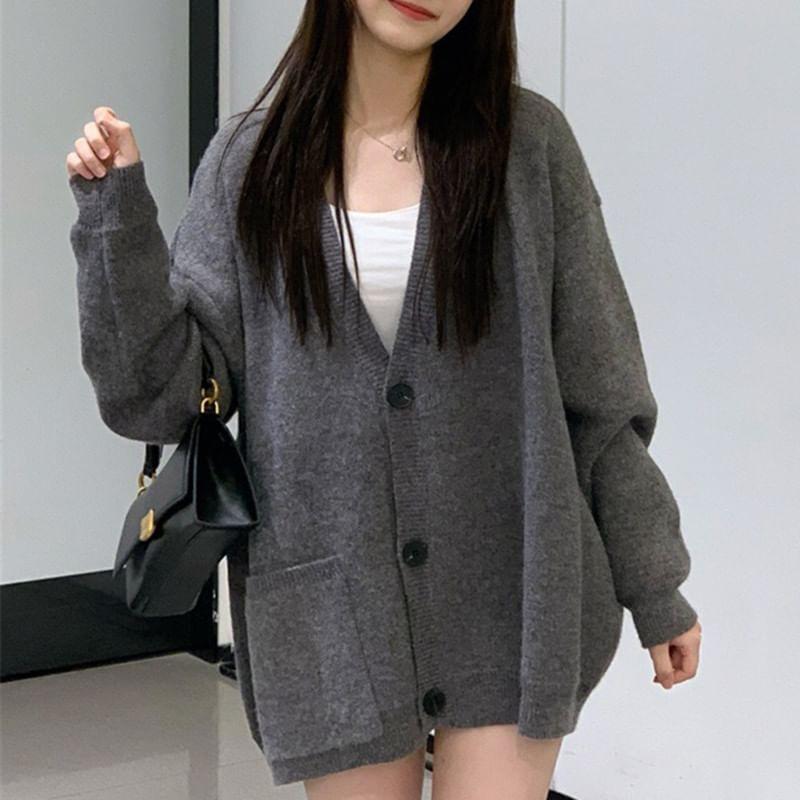 V-Neck Plain Button-Up Cardigan Product Image