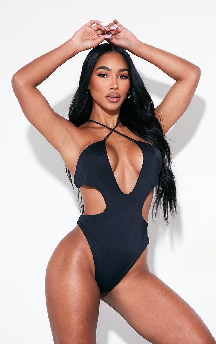 Black Cut Out Cross Front Swimsuit Product Image