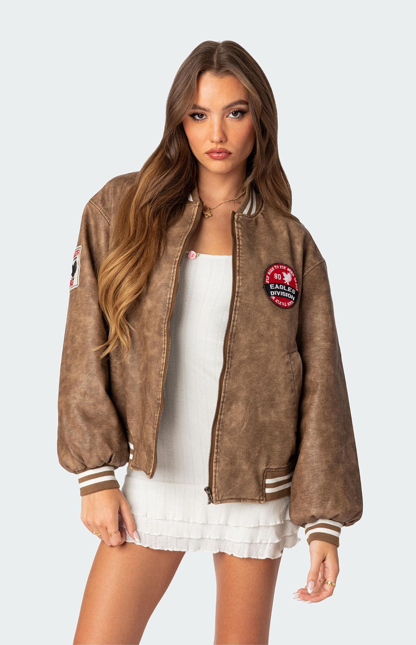 Edikted Womens Washed Faux Leather Bomber Jacket Product Image