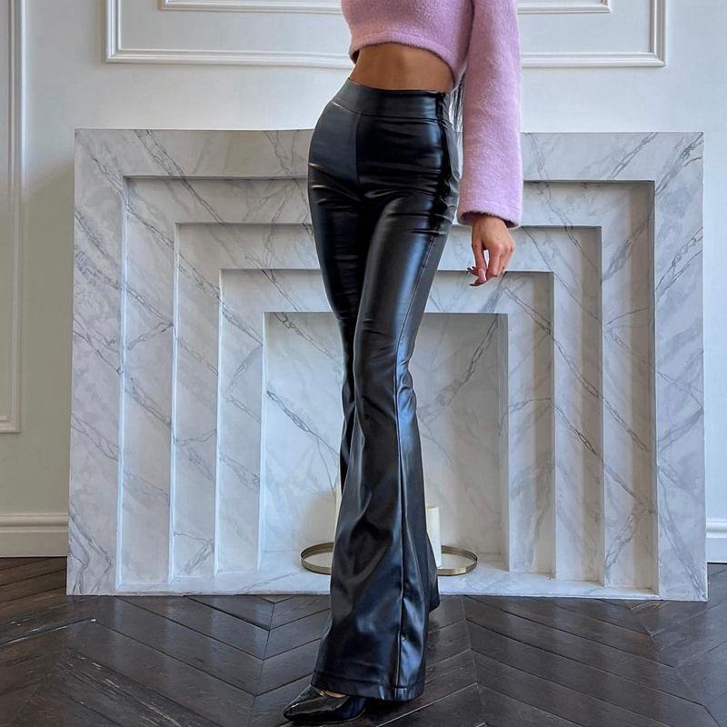 High Rise Plain Faux Leather Bootcut Pants Product Image