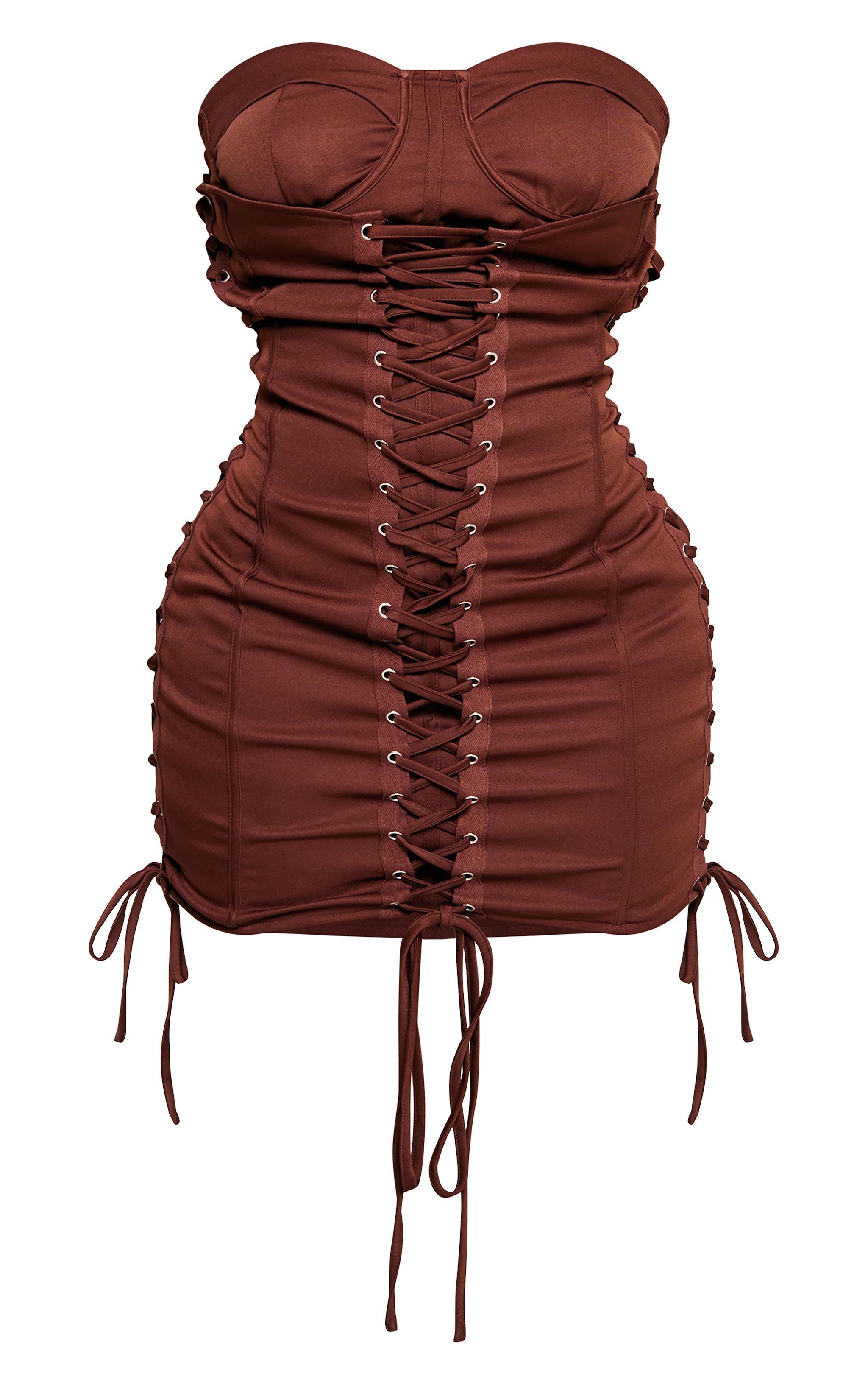 Shape Chocolate Woven Lace Up Corset Bandeau Bodycon Dress Product Image