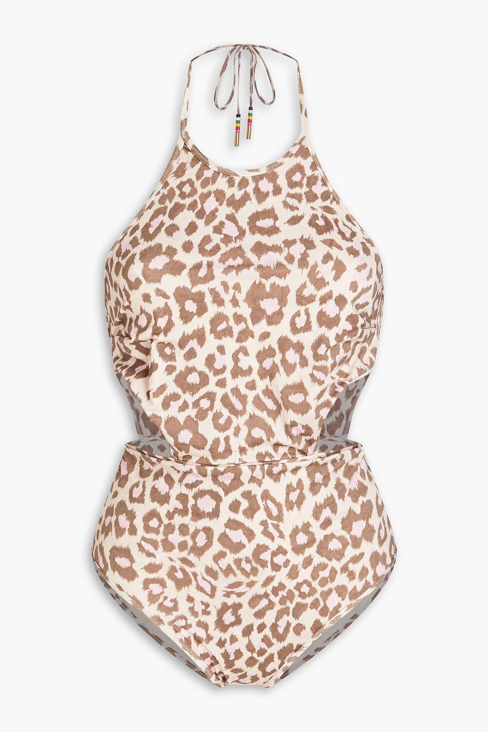 Cutout Leopard-print Halterneck Swimsuit In Animal Print Product Image