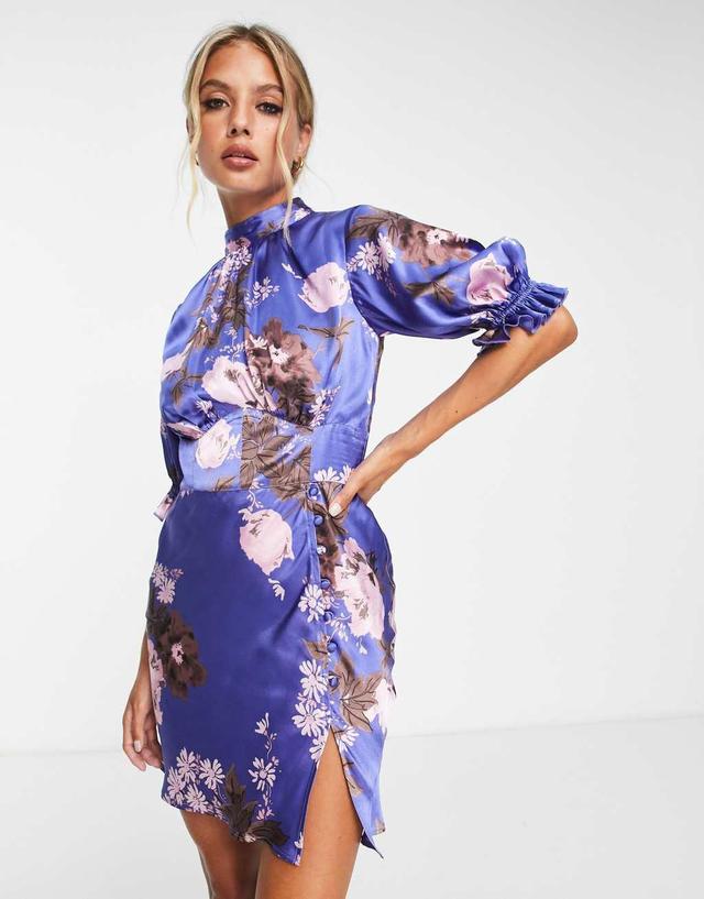 ASOS DESIGN satin mini mixed floral dress with waist detail and frill sleeves Product Image