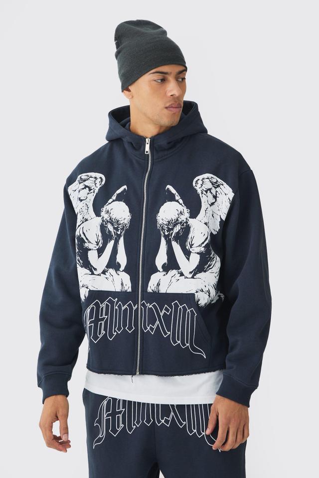 Oversized Boxy Zip Through Renaissance Graphic Hoodie | boohooMAN USA Product Image