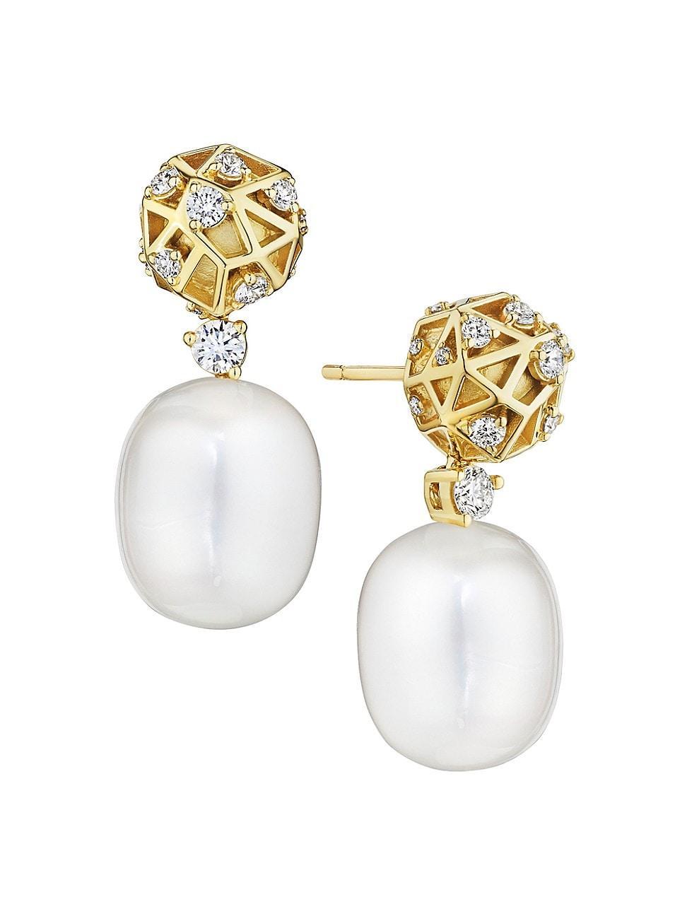 Womens Estelar 18K Yellow Gold, Diamonds & Pearl Drop Earrings Product Image