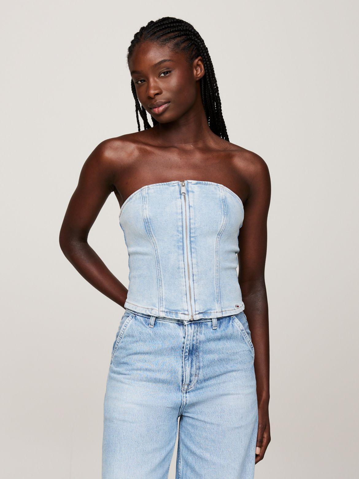 Tommy Jeans Womens Strapless Zip-Front Denim Top Product Image