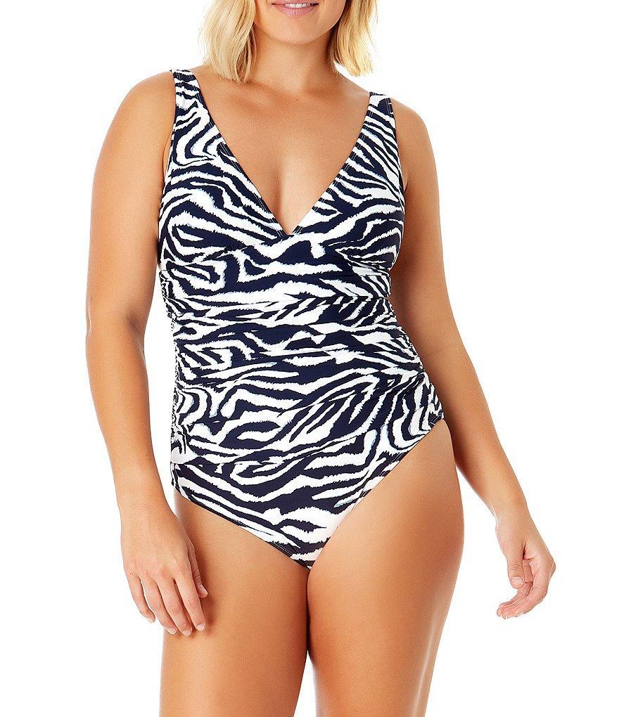 Anne Cole Zebra Shadow Plunge V-Neck Front Shirred One Piece Swimsuit Product Image