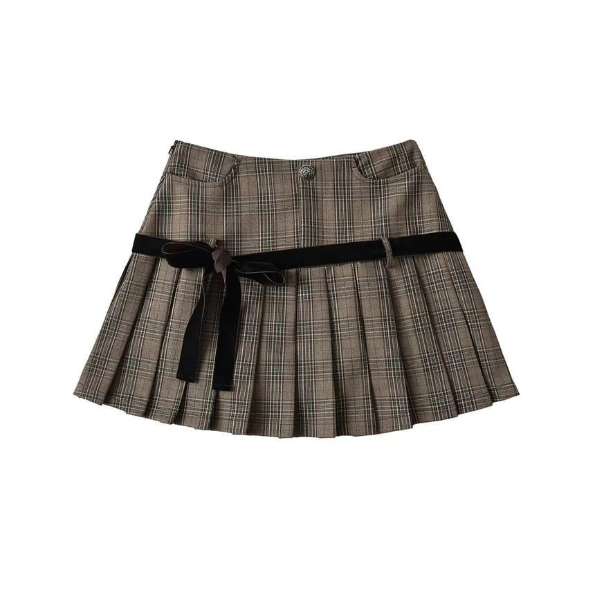 High Rise Bow Pleated Mini A-Line Skirt Product Image