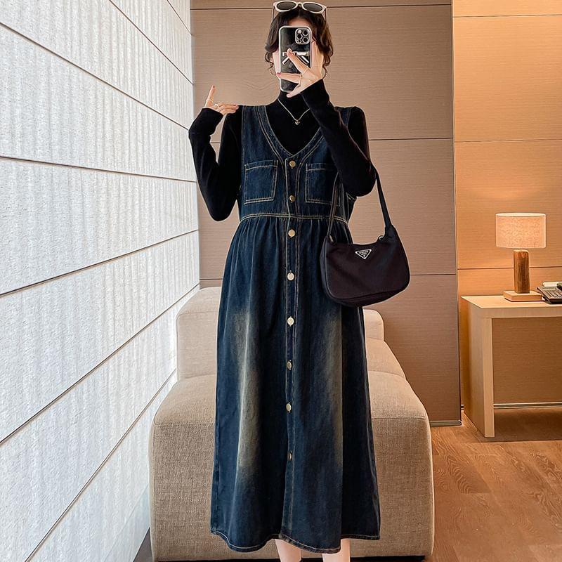 Maternity Washed Denim Midi Pinafore Dress Product Image