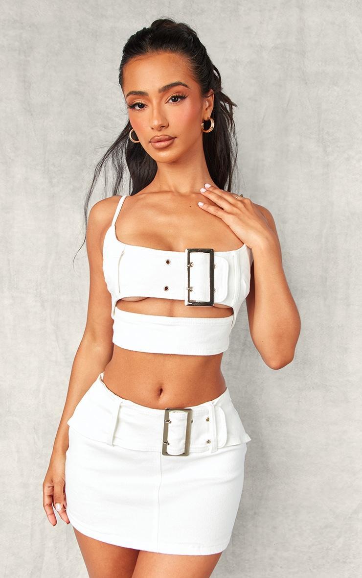 Petite White Denim Belted Mini Skirt Product Image