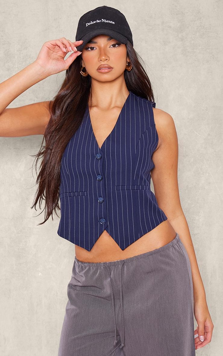 Dark Blue Woven Striped Fitted Vest Product Image