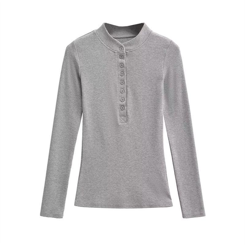 Long-Sleeve Henley Plain Tee Product Image