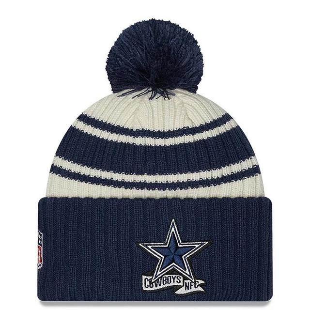 Mens New Era Cream/Navy Dallas Cowboys 2022 Sideline Sport Cuffed Pom Knit Hat Product Image