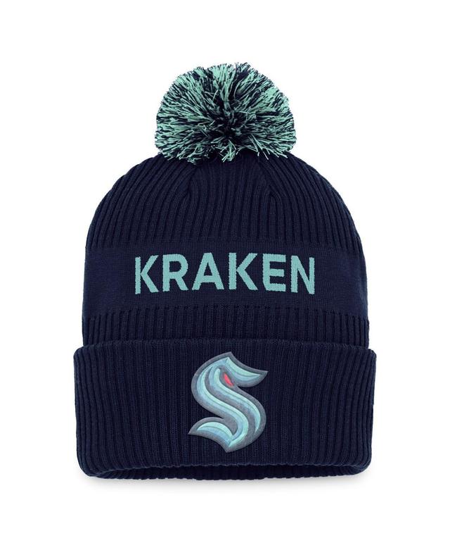 Mens Fanatics Branded Deep Sea Blue/Light Blue Seattle Kraken 2022 NHL Draft Authentic Pro Cuffed Knit Hat with Pom Product Image