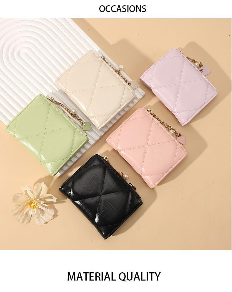 Plain Quilted Short Faux Leather Wallet Product Image