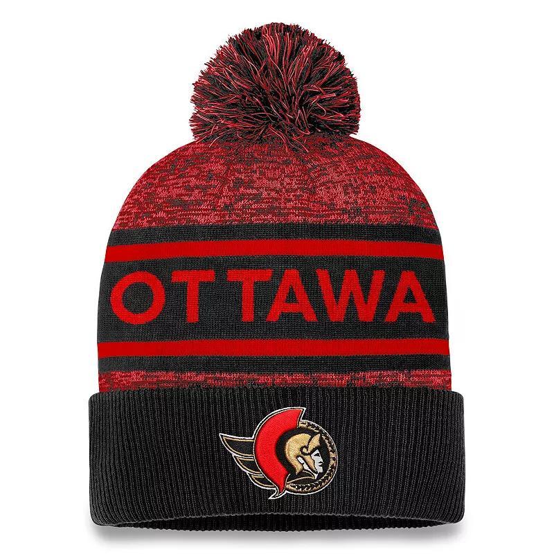 Mens Fanatics Branded Black/Red Ottawa Senators Authentic Pro Cuffed Knit Hat with Pom Product Image