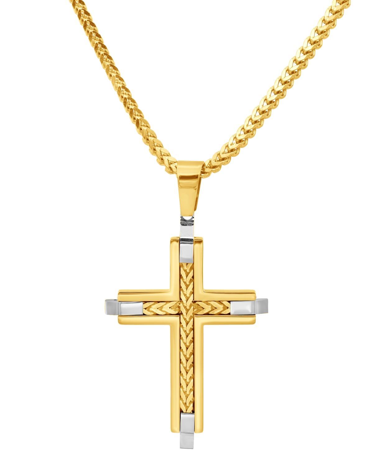 Blackjack Mens Franco Link Inlay Cross Pendant Necklace in Sterling Silver & Yellow Ion-Plated Stainless Steel Product Image