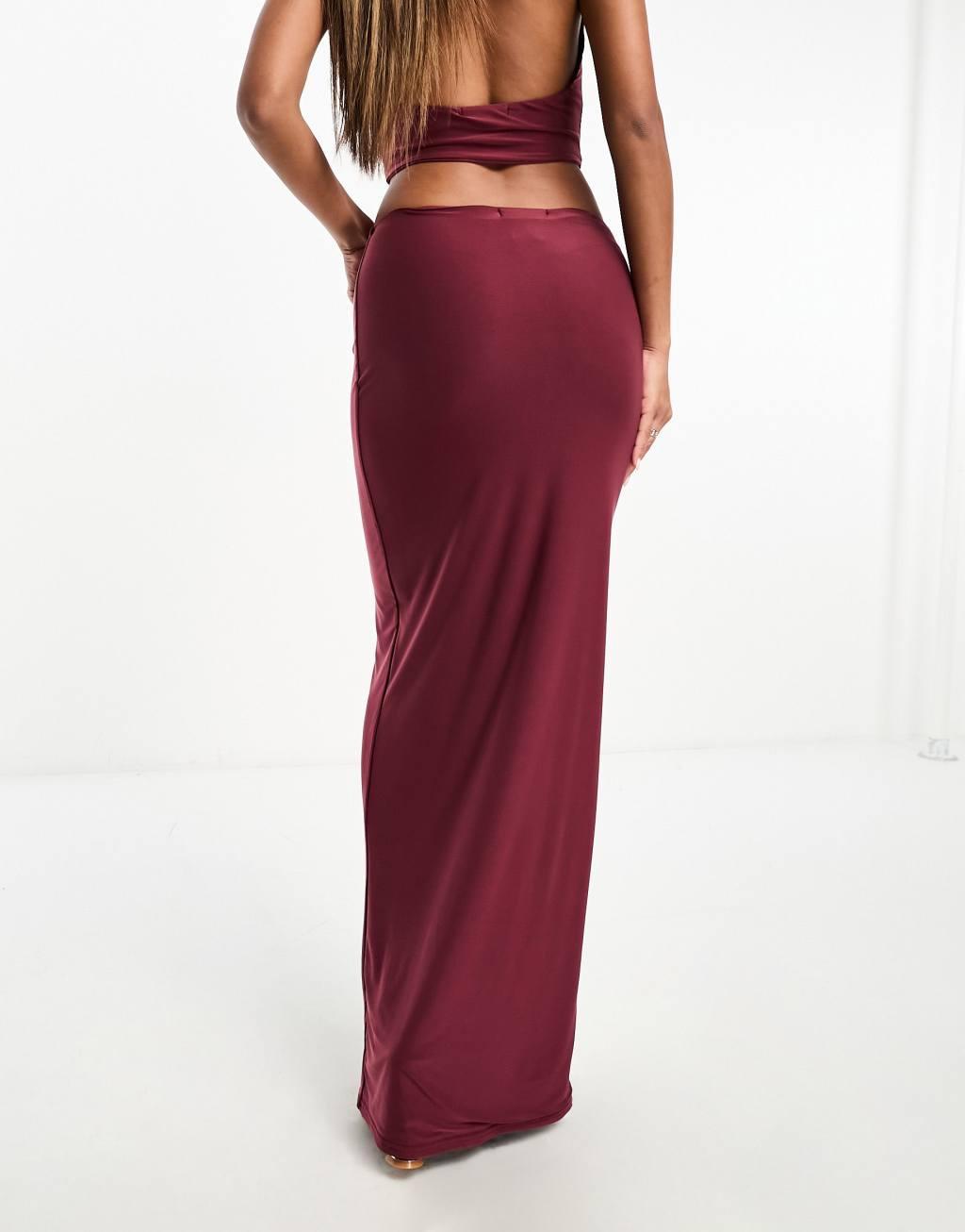 Kaiia slinky column maxi skirt in burgundy - part of a set Product Image