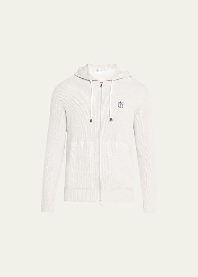 Mens Ribbed Cotton Full-Zip Drawstring Hoodie Product Image