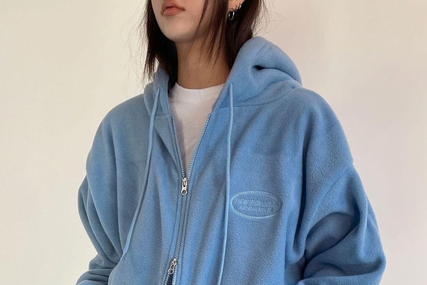 Letter Embroidered Fleece Zip-Up Hooded Jacket Product Image