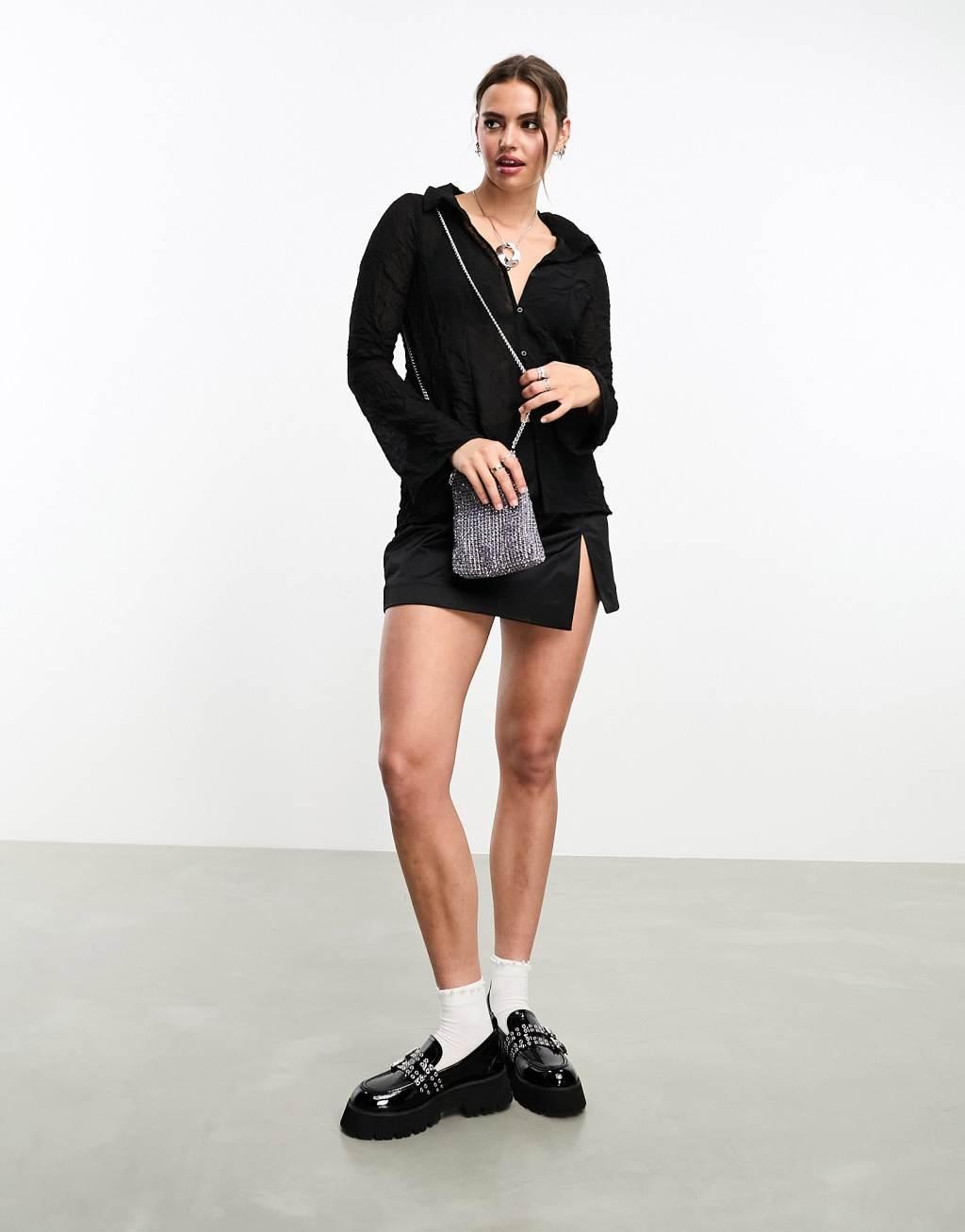 Monki long sleeve sheer blouse in black Product Image