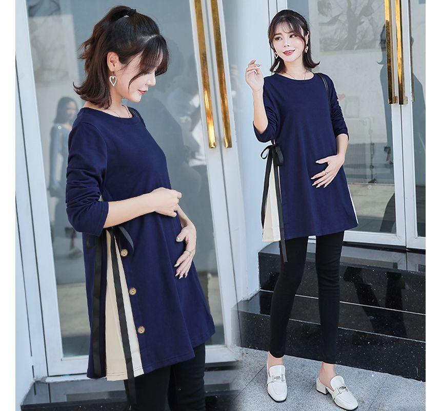 Maternity Long-Sleeve Round Neck Button Accent Two-Tone T-Shirt / Plain Leggings / Set Product Image