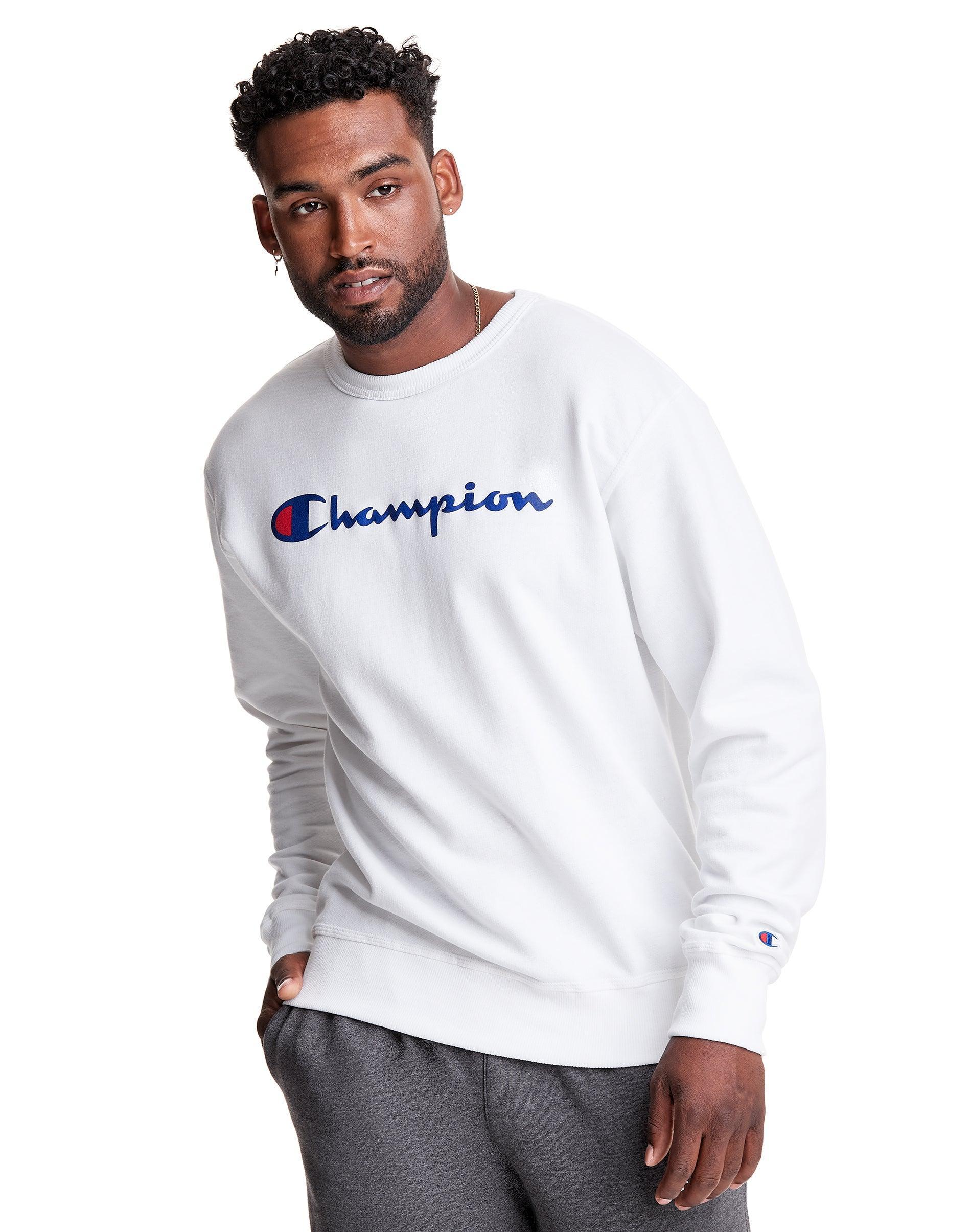 Mens Champion Powerblend Crewneck Sweatshirt, Classic Script White M Product Image