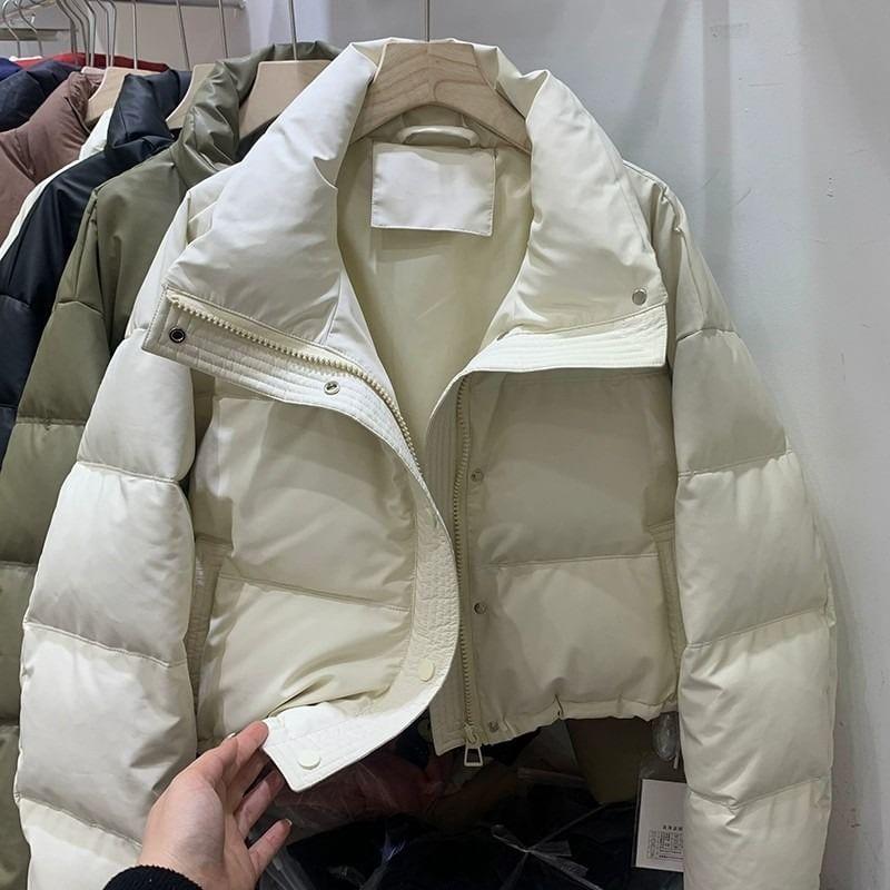 Faux Leather High Neck Zip-Up Puffer Jacket Product Image