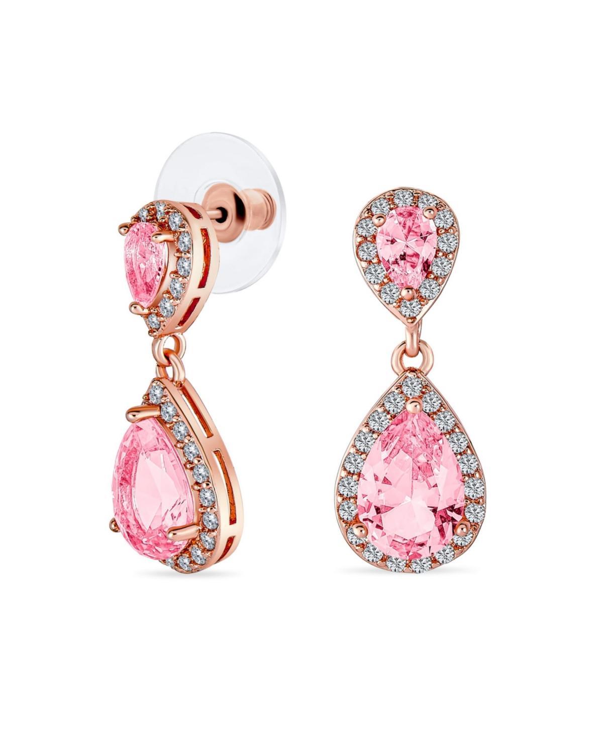 Bridal Pave Halo Dangle Teardrop Cubic Zirconia Pink Aaa Cz Drop Earrings For Wedding Women Prom Teen Rose Gold Plated Brass Product Image