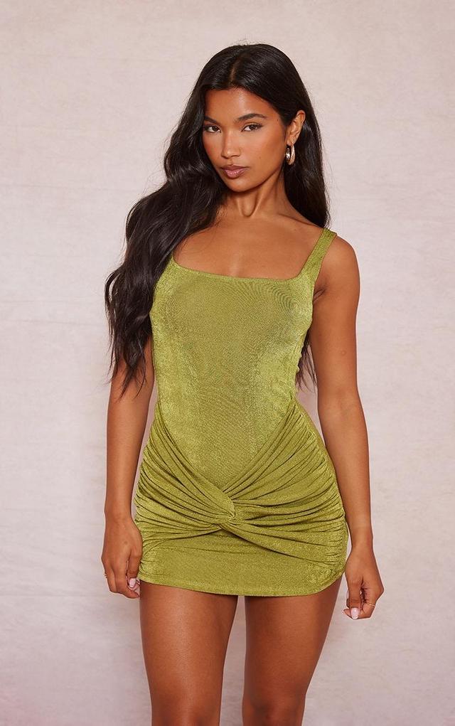 Olive Acetate Slinky Knot Twist Square Neck Bodycon Dress Product Image