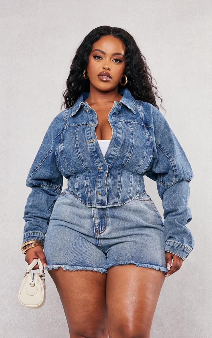 Plus Vintage Wash Corset Denim Jacket Product Image