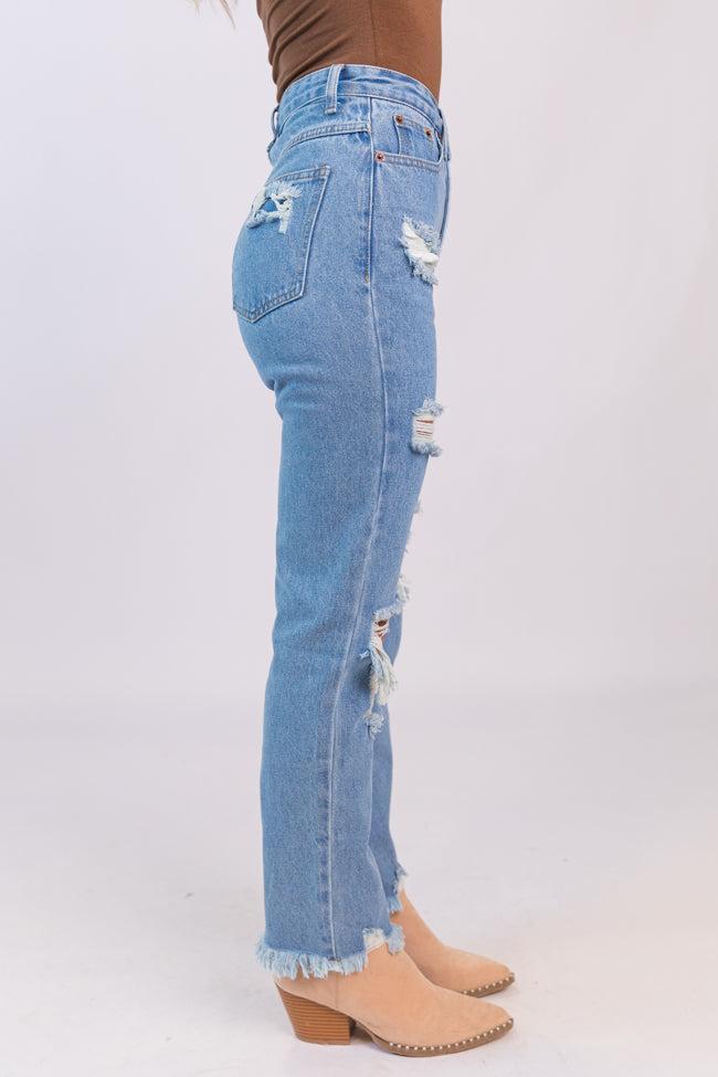 Megan Light Wash Distressed Straight Leg Mom Jeans Product Image