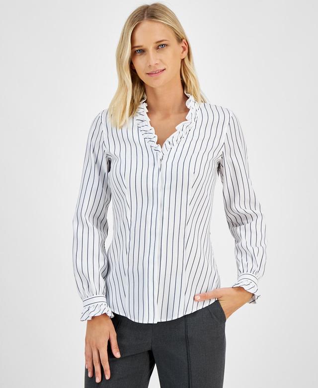 Anne Klein Womens Striped Ruffle-Trim Button-Front Cotton Shirt Product Image