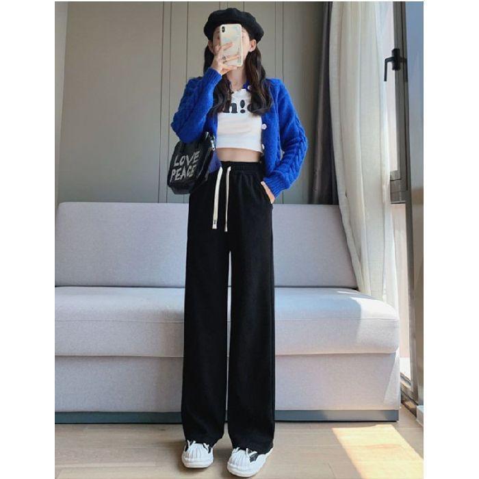 Drawstring Waist Plain Wide Leg Pants Product Image