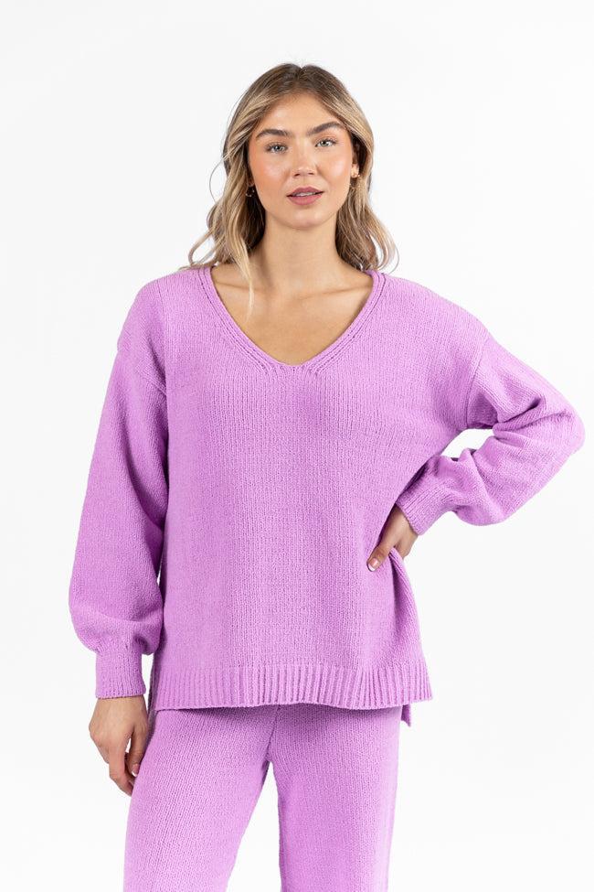 Cozy For Keeps Lavender V-Neck Sweater Product Image