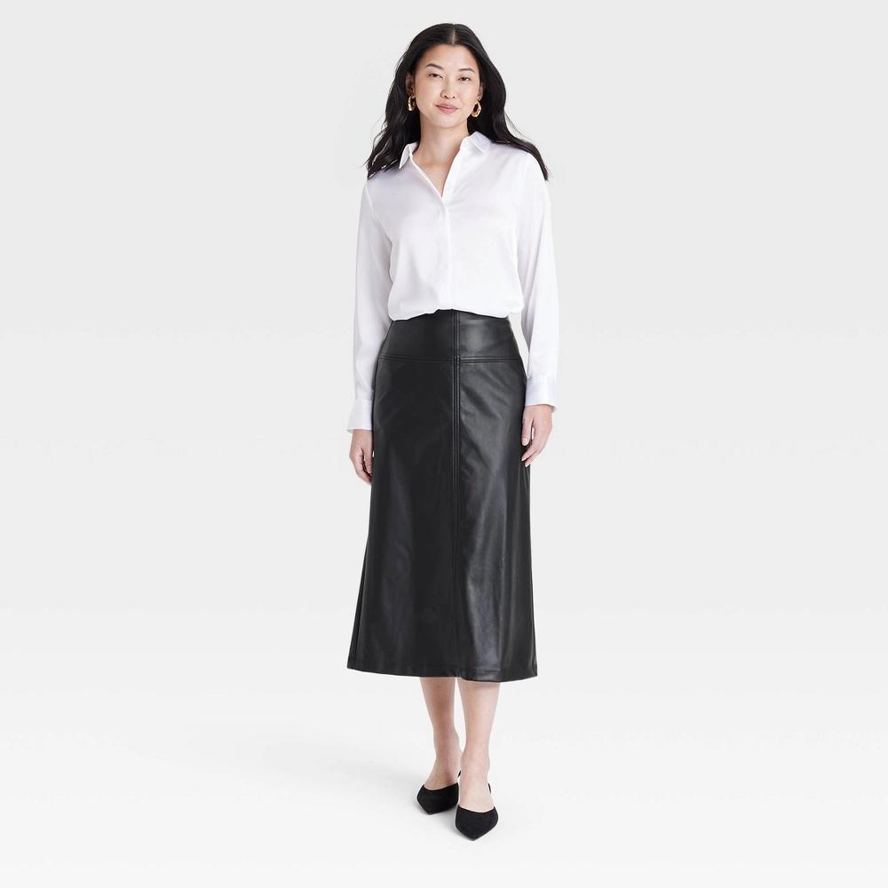 Women's Faux Leather Midi Skirt - A New Day™ Black 10 Product Image