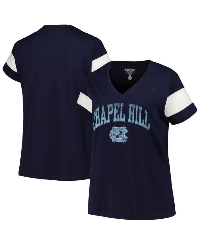 Womens Profile Heather North Carolina Tar Heels Plus Size Arched City Sleeve Stripe V-Neck T-Shirt Blue Product Image