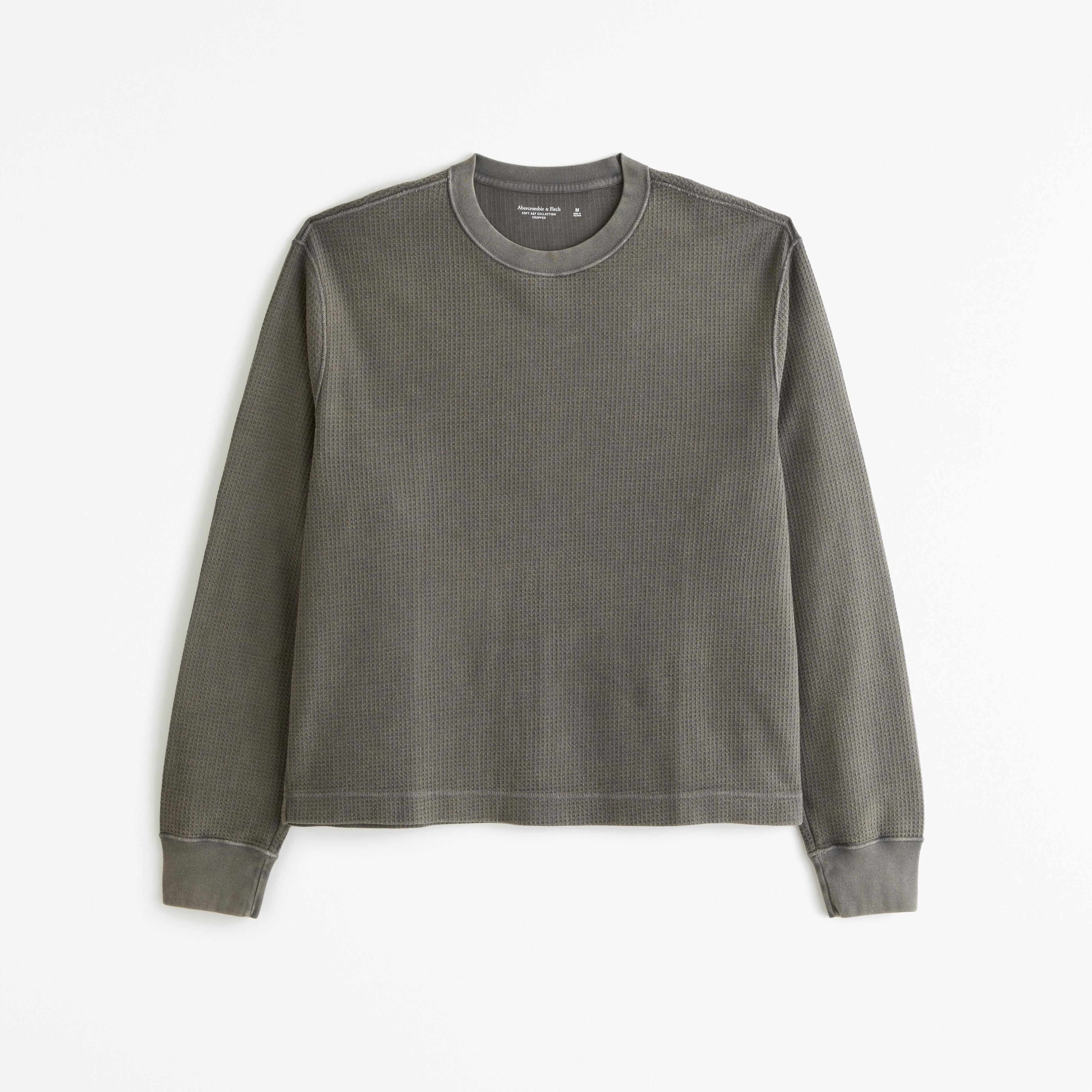 Long-Sleeve Grid Waffle Cropped Tee Product Image